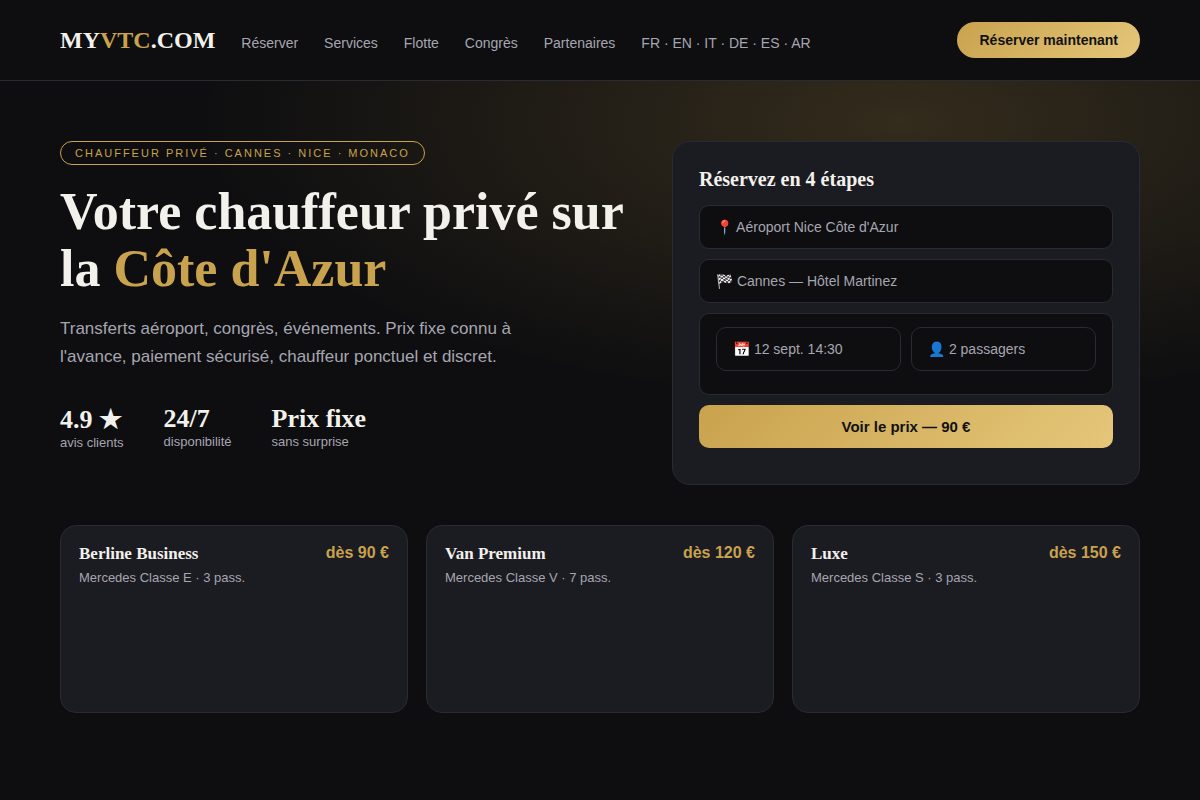 Aperçu du site MYVTC.COM — réservation de chauffeur privé à Cannes